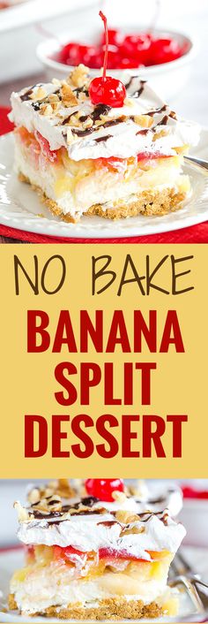 no bake banana split dessert on a plate