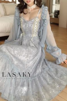 Lasaky - Elegant Princess Net Dress with Exquisite Lace Trim, Pearl Embellishments, and Waist Tie adorned with a Charming Bow Pokemon Clothing, Gaun Abad Pertengahan, Detail Couture, Female Outfits, Floral Party Dress, Vintage Slip Dress, Vintage Midi Dresses, Dream Outfits, Dress Cottagecore