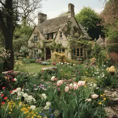 a house surrounded by flowers and trees in the middle of a garden with lots of greenery