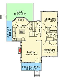 the floor plan for a two bedroom, one bath house with an attached kitchen and living room