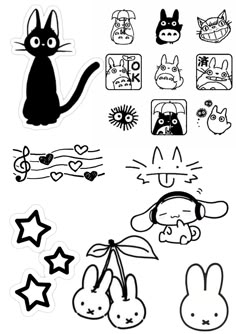 some stickers that are on the side of a white sheet with black and white images