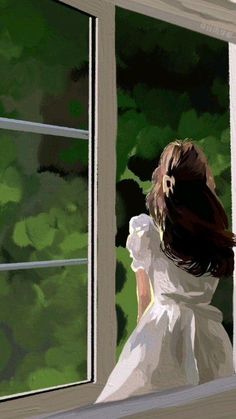 a painting of a woman looking out a window at the green trees outside her house