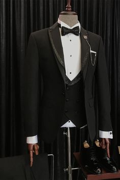 Neckline: Peaked Lapel Material: Polyester & Polyester Blend Pattern: Solid Piece: Three Pieces Pocket: No Flap Black Wedding Suits, Blazer Waistcoat, Modern Tuxedo, Black Suit Wedding, Bridal Attire, Suit Men, Sparkle Wedding