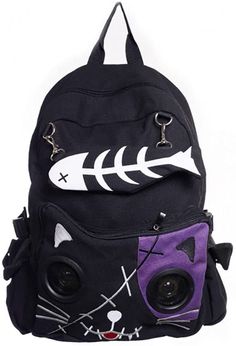 Color:Black/Purple The Kitty Speaker backpack with a kitty face design on the front has fully working speakers that are compatible with any audio device that uses an aux cable. In addition to the main backpack compartment, there is a small detachable fish bone purse and two side pockets as well as a large front zip pocket (which holds the speakers, battery back and aux cord). The back side of the bag has a thin layer of padding to provide comfort and there are easily adjustable shoulder straps w Cat Bags, Mode Harajuku, Backpack Purple, Kitty Backpack, Knapsack Bag, Oc Outfits, Canvas Rucksack, Rucksack Bag, Eyes Black