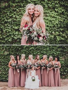 the bride and her bridesmaids are posing for pictures