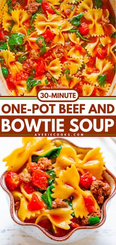 one - pot beef and bowtie soup with spinach is the perfect meal for busy nights