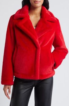 Introduce ultimate glamour to your cold-weather wardrobe with this sumptuous faux-fur jacket featuring dramatic notched lapels. 24" length (size Medium) Notched lapels Front welt pockets Lined 100% polyester faux fur Dry clean Imported Red Fur Coat With Faux Fur Trim For Fall, Red Faux Fur Coat For Fall, Red Fur Coat With Faux Fur Trim, Red Faux Fur Outerwear For Fall, Red Faux Fur Long Sleeve Outerwear, Red Fur Coat For Fall, Chic Red Fur Coat For Fall, Chic Red Faux Fur Outerwear, Red Faux Fur Coat