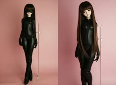 two photos of a doll with long hair and black catsuits, standing in front of a pink background