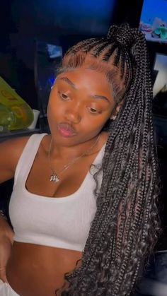 Braided Ponytail Feed In, Stitched Ponytail Braids, Stitch Braided Ponytail Hairstyles, Ponytail Braids Hairstyles For Black Women, Braided Stitch Ponytail, Scalp Braid Ponytail, Braided Pointy Tail Black Women, Braids Going Up Into A Ponytail, Boho Stitch Braids Ponytail