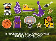 the purple and yellow basketball yard sign set is in front of a green field with stars