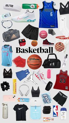 an image of basketball items on display with the words basketball above them and below it