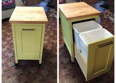 two pictures of the same kitchen island with trash can in front of it and an open drawer at the bottom