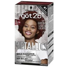 Say goodbye to boring colors! All eyes are on you with Schwarzkopf got2b Metallics permanent color. Boost your hair color with trendy metallic shades. Schwarzkopf got2b Metallic Hair Color offers a multi-dimensional look that delivers unique metallic radiance. Permanent hair color that lasts. Got2b Metallics hair dye works for all hair textures. This permanent hair color can be used on your natural hair, wigs, or extensions to express yourself! The lighter your natural or current hair color, the Red Hair Dye Colors, Metallic Hair Color, Schwarzkopf Got2b, Deep Red Hair, Hair Color Rose Gold, Strawberry Blonde Hair Color, Dyed Red Hair, Permanent Hair Dye, Strawberry Blonde Hair