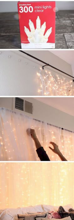 three different pictures showing the inside of a room with lights on and in front of it