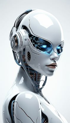 a white robot with blue eyes and headphones