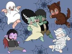 some cartoon characters are dressed up for halloween