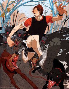 an image of a man running with two dogs in front of him and another dog on the ground behind him