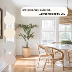 a dining room table with chairs and a potted plant next to it that says professionally carved personalized by you