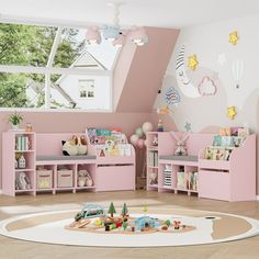 a child's room with pink furniture and toys