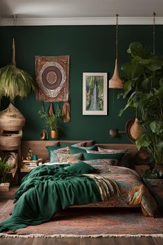 a bedroom with dark green walls and plants on the wall, bedding is made up