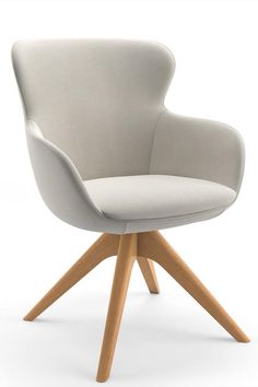 an upholstered chair with wooden legs and a seat cushion in grey fabric, viewed from the front