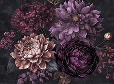 a painting of purple flowers and leaves on a black background, with one large flower in the center