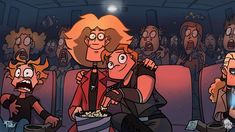 an animated scene of people watching cartoons on the movie theater seats with popcorn in their mouths