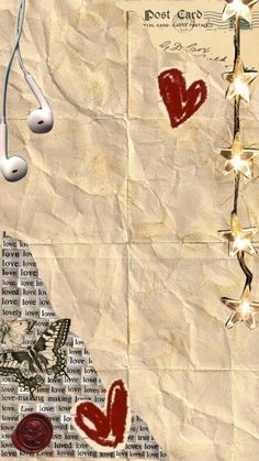 an old piece of paper with hearts and headphones on it