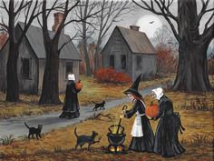 an image of halloween scene with witches and cats on the path to their home in the woods