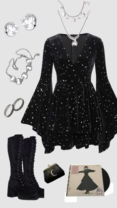 Whimsigoth outfit #outfitinspo #vintage #whimsigoth #whimsical Sparkly Goth Outfit, Whimsic Gothic Outfits, Astronomer Outfit, Winter Birthday Party Outfit, Modern Witch Outfit Aesthetic, Hades Inspired Outfit, Whimsigoth Aesthetic Fashion, Whimsigoth Aesthetic Outfits, Vintage Goth Outfits