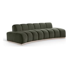 an olive green sofa with wooden legs and curved backrests, on a white background