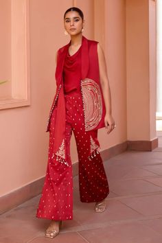 Buy Red Anarkali Georgette Embroidery Tilla Scallop Gulnar With Dupatta For Women by Isha Gupta Tayal Online at Aza Fashions. Red Wedding Suit Women, Red Indo Western Outfit, Anarkali Georgette, Placement Pattern, Isha Gupta, Red Anarkali, Ethnic Dresses, Fusion Wear, Coord Sets