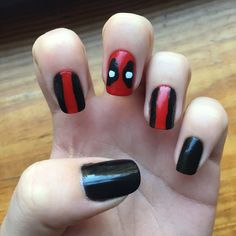 Dc Inspired Nails, Deadpool Nails Simple, Deadpool Inspired Nails, Deadpool And Wolverine Nail Art, Marvel Themed Nails, Deadpool Nail Art, Deadpool And Wolverine Nails, Deadpool Makeup, Avengers Nail Art