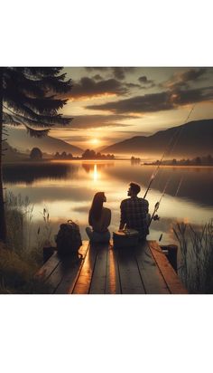 two people sitting on a dock watching the sunset with fishing rods in their hands,