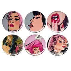 four pinback buttons depicting women with lipstick on them