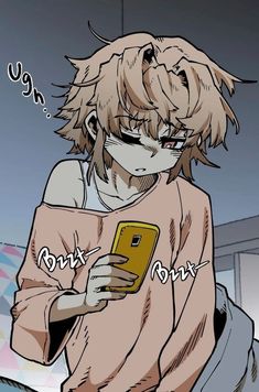 an anime character holding a cell phone in his right hand and looking at the screen