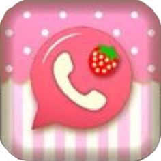 a pink phone with a strawberry on the front and green leaves on the back, as well as white polka dots