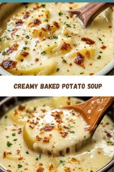 two pictures showing different types of baked potato soup