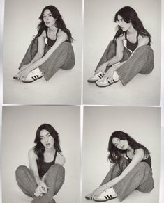 four pictures of a woman sitting on the floor