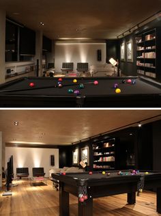 two shots of a pool table in a living room with bookshelves and couches