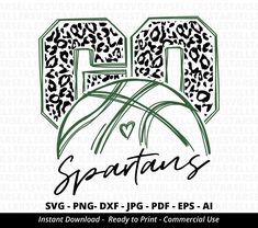 an image of the word spartas with leopard print and basketball hoop in green on white background