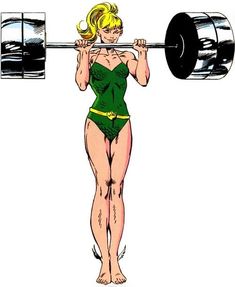 a woman lifting a barbell with one hand and the other leg behind her head