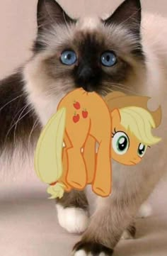 a cat is holding up a cut out of a pony