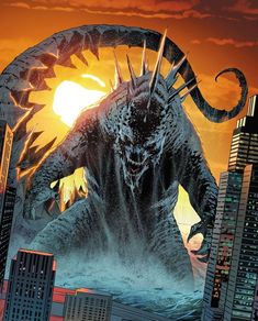 godzilla in the middle of a city with skyscrapers and sun rising behind it's head