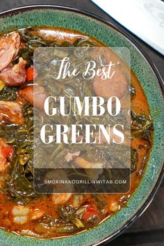 the best gumbo greens for soup and stew in a green bowl on a wooden table