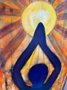 a painting of a person doing yoga in front of the sun