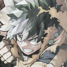 an anime character with black hair and green eyes holding his fist up to the side