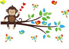 a monkey sitting on top of a tree branch with birds and butterflies flying around it