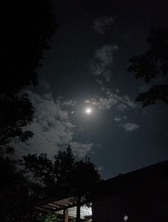 the moon is shining brightly in the night sky above some trees and bushes, with dark clouds