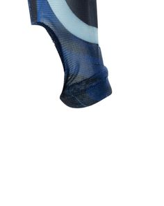 a blue and white sock with an abstract design on the bottom, in front of a white background